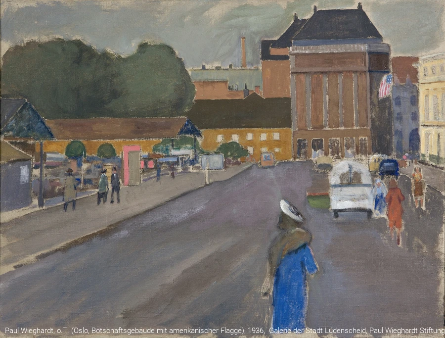 Paul Wieghardt, o.T. (Oslo, Botschaftsgeb&auml;ude mit amerikanischer Flagge), 1936,  Galerie der Stadt L&uuml;denscheid, Paul Wieghardt Stiftung &copy; Evanston Art Center, successor to the Estate of P. Wieghardt/VG Bild-Kunst, Bonn 2019